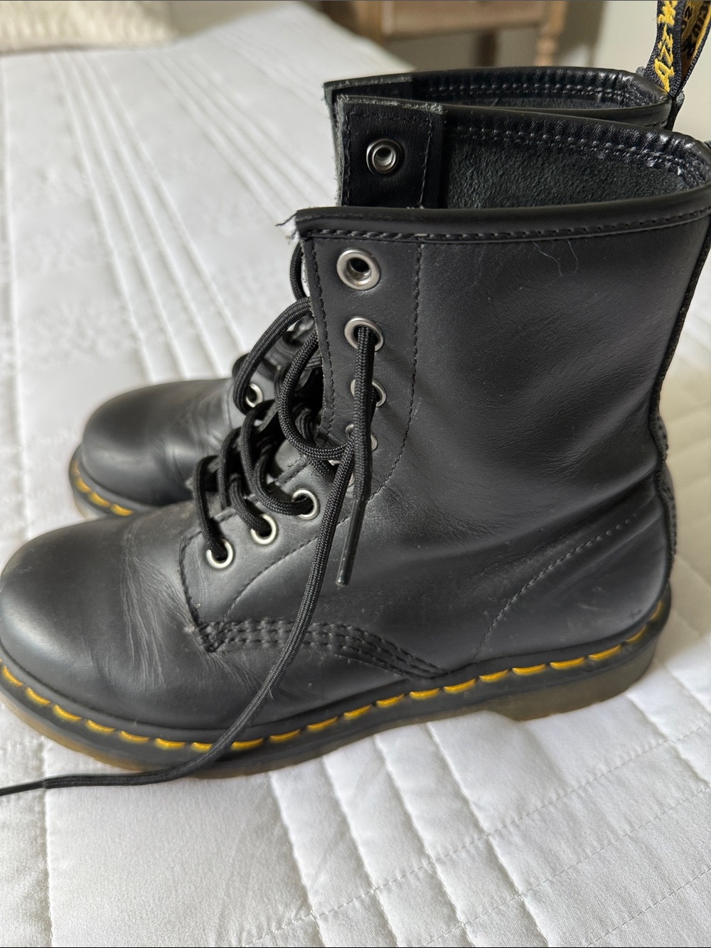 Dr. Martens Black Leather Lace-Up Boots with Yellow Stitching